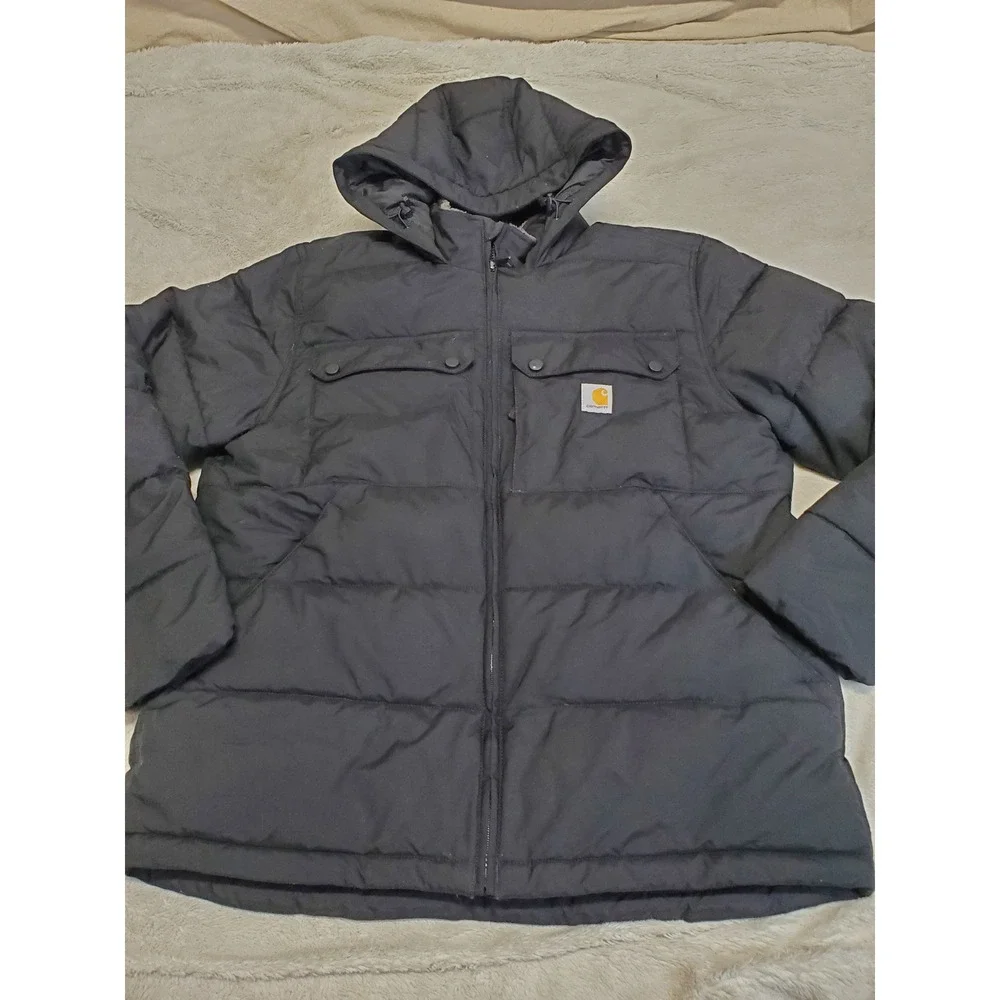 Carhartt Montana Black Puffer Loose Fit Hood Coat Jacket Medium Logo Winter